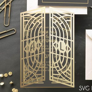 Art Deco Hochzeit Tor Falten Einladung SVG Dxf EPS-Dateien | DIY Plotter Cricut Silhouette Brother Design & Laser Cut Vorlage 13 x 18 cm
