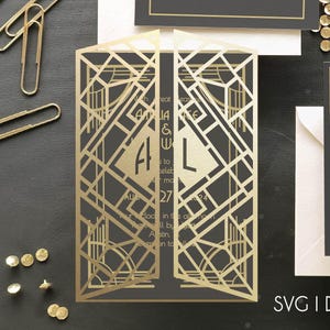 Art Deco Hochzeit Tor Falten Einladung SVG Dxf EPS-Dateien | DIY Plotter Cricut Silhouette Brother Design & Laser Cut Vorlage 13 x 18 cm