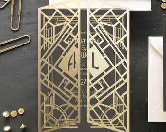 Art Deco Wedding Gate Fold Invitation SVG Dxf EPS files | DIY plotter Cricut Silhouette Brother Design & Laser Cut machine Template 5x7 in