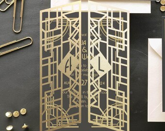 Art Deco Wedding Gate Fold Invitation SVG Dxf EPS files | DIY plotter Cricut Silhouette Brother Design & Laser Cut machine Template 5x7 in