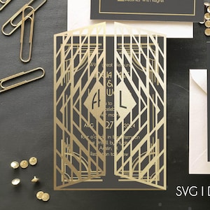 Art Deco Hochzeit Tor Falten Einladung SVG Dxf EPS-Dateien | DIY Plotter Cricut Silhouette Brother Design & Laser Cut Vorlage 13 x 18 cm