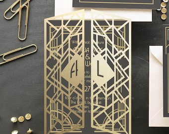Art Deco Wedding Gate Fold Invitation SVG Dxf EPS files | DIY plotter Cricut Silhouette Brother Design & Laser Cut machine Template 5x7 in