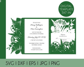 Set Wild Floral Rustic Tri Fold Wedding Invitation Envelope 5x7 RSVP Card Vector Svg Dxf Eps Pdf Silhouette Cricut Paper Laser Cut Template