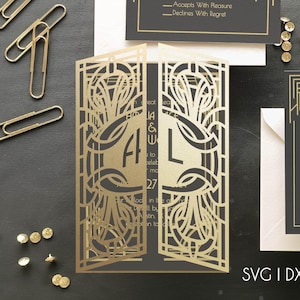 Convite de casamento Art Déco com dobradura em formato de portão SVG DXF EPS | Plotter DIY Cricut Silhouette Brother Design e modelo de máquina de corte a laser 5 x 7 pol.