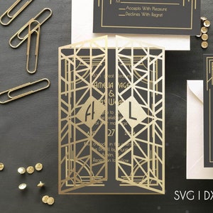 Art Deco Hochzeit Tor Falten Einladung SVG Dxf EPS-Dateien | DIY Plotter Cricut Silhouette Brother Design & Laser Cut Vorlage 13 x 18 cm