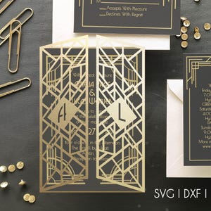 アールデコ調のウェディングゲートフォールド招待状 SVG Dxf EPS ファイル | DIY プロッター Cricut Silhouette Brother Design & レーザーカットマシン テンプレート 5 x 7 インチ