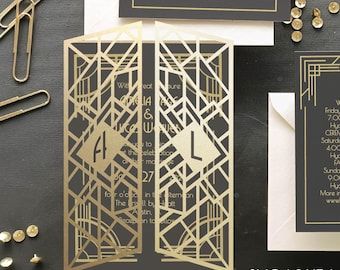 Art Deco Wedding Gate Fold Invitation SVG Dxf EPS files | DIY plotter Cricut Silhouette Brother Design & Laser Cut machine Template 5x7 in
