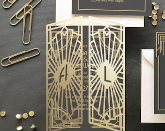 Art Deco Wedding Gate Fold Invitation SVG Dxf EPS files | DIY plotter Cricut Silhouette Brother Design & Laser Cut machine Template 5x7 in