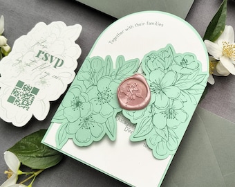Blossom Wedding Invitation Arch Gate Fold Jacket | Cricut Print Then Cut Floral Invitation Suite | Editable Canva Invite