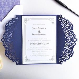 Set Hochzeit Einladungstor Falte A7 5x7 Swirl Lace Card + Briefumschlag Vektor SVG DXF EPS Silhouette Cricut Papercut Laser Cut Template