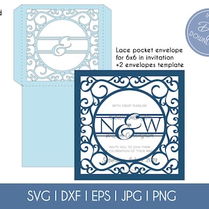 Wedding Invitation Pocket Envelope Cut Template 6x6 Classic Swirl Lace Card SVG DXF EPS diy Silhouette Cricut Paper Papercut Laser Cut File