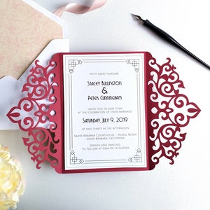Conjunto de convite de casamento dobrável a7 5x7 cartão de renda redemoinho + envelope vetor svg dxf eps silhueta cricut papel corte a laser modelo