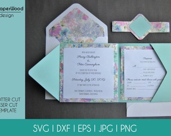 Set Classic Tri Fold Pocket Wedding Invitation Square Envelope 6x6 en RSVP Card Vector Svg Dxf Eps Pdf Silhouette Cricut Laser Cut Template