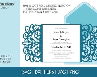 Gate-Fold Square Wedding Invitation Cut Template Swirl Lace 6x6 in Card Envelope SVG DXF Eps Paper Papercut Cricut Silhouette Laser Cut File