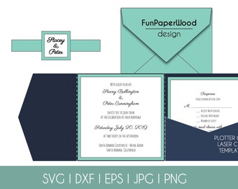 Set Classic Pocket Tri Fold Wedding Invitation Square Envelope 6x6 in RSVP Card Vector Svg Dxf Eps Pdf Silhouette Cricut Laser Cut Template