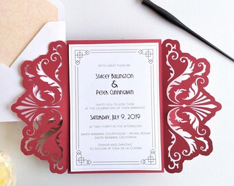 Set Wedding Invitation Gate Fold Cut Template A7 5x7 Swirl Lace Card RSVP Envelope Vector Silhouette Studio Svg Dxf Eps Paper Cut Laser File