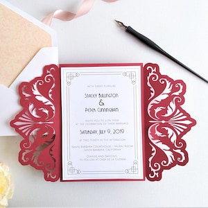 Set Wedding Invitation Gate Fold Cut Template A7 5x7 Swirl Lace Card RSVP Enveloppe Vector Silhouette Studio Svg Dxf Eps Paper Cut Laser File