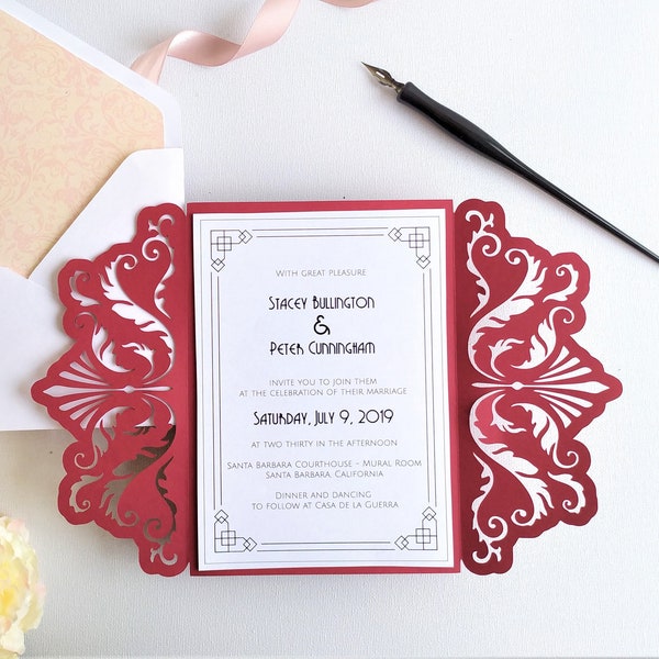 Set Wedding Invitation Gate Fold Cut Template A7 5x7 Swirl Lace Card RSVP Envelope Vector Silhouette Studio Svg Dxf Eps Paper Cut Laser File
