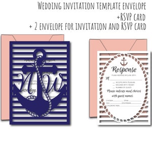 Set Invitación de Bolsillo A7 5x7 Nautical Ocean Seaside Summer Wedding Envelope RSVP Card Vector Svg Dxf Eps Silhouette Paper Laser Cut Template imagen 10
