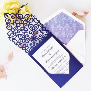 Convite de casamento bolso envelope corte modelo 5x7 clássico redemoinho cartão de renda svg dxf eps diy silhueta cricut papel papercut arquivo corte a laser
