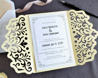 Set Wedding Invitation Gate Fold A7 5x7 Swirl Lace Card + Envelope Vector SVG DXF EPS Silhouette Cricut Paper Papercut Laser Cut Template