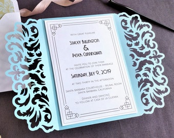 Set Wedding Invitation Gate Fold A7 5x7 Swirl Lace Card + Envelope Vector SVG DXF EPS Silhouette Cricut Paper Papercut Laser Cut Template