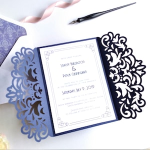 Conjunto de convite de casamento dobrável a7 5x7 cartão de renda redemoinho + envelope vetor svg dxf eps silhueta cricut papel corte a laser modelo