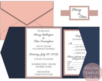 Set Classic Pocket Tri Fold Wedding Invitation Envelope A7 5x7 RSVP Card Vector Svg Dxf Eps Pdf Silhouette Cricut Paper Laser Cut Template