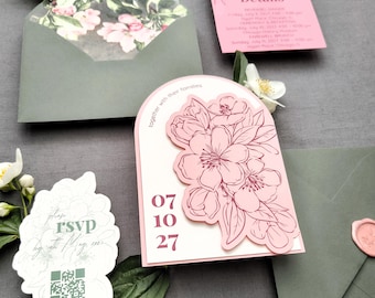 Blossom Wedding Invitation & Arch One Fold Jacket Template | Cricut Print Then Cut Floral Invitation Suite | Editable Canva Invite