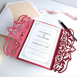 Set Hochzeit Einladungstor Falte A7 5x7 Swirl Lace Card + Briefumschlag Vektor SVG DXF EPS Silhouette Cricut Papercut Laser Cut Template