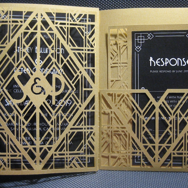 Set Art Deco 20s Wedding Tri Fold Pocket Invitation 5x7 RSVP Card  Envelope Vector Svg Dxf Eps Silhouette Cricut  Paper Laser Cut Template