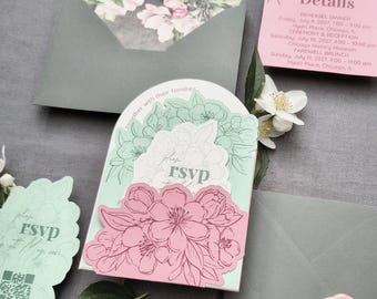 Blossom Wedding Invitation Arch Pocket Jacket | Green Garden wedding Floral Invitation Suite | Cricut Print Then Cut | Editable Canva Invite