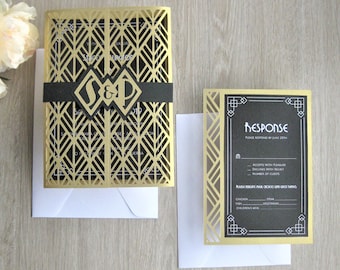 Set Art Deco Great Gatsby 20s Wedding Invitation 5x7 RSVP Card  Envelope Vector Svg Dxf Eps Silhouette Paper DAY Papercut Laser Cut Template