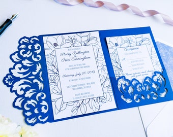Tri-Fold Pocket Wedding Invitation Cut Template Envelope A7 5x7 Swirl Lace Card SVG DXF EPS Paper Papercut Laser Cut File Silhouette Cricut