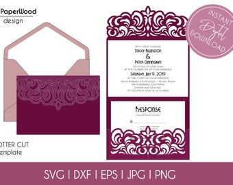 Tri-Fold Pocket Wedding Invitation Cut Template Envelope A7 5x7 Swirl Lace Card Svg Dxf Eps Silhouette Cricut Paper Papercut Laser Cut File