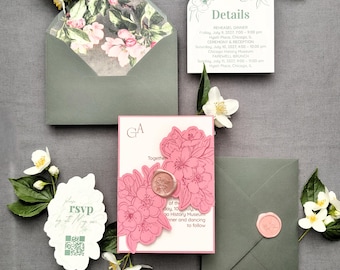 Blossom Wedding Invitation Gate Fold Jacket | Cricut Print Then Cut Floral Invitation Suite | Editable Canva Invite | Secret garden wed