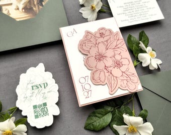 Blossom Wedding Invitation Suite | One Fold Jacket Template A7 A6 B6 | Cricut Print Then Cut Floral Invitation Suite | Editable Canva Invite