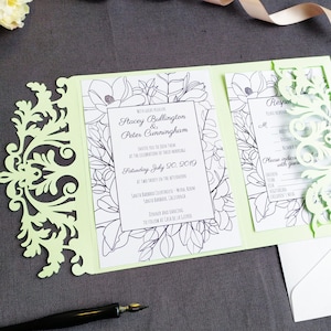 Tri-Fold Pocket Wedding Invitation Cut Template Envelope A7 5x7 Swirl Lace Card Svg Dxf Eps Silhouette Cricut Paper Papercut Laser Cut File imagen 1