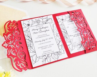 Tri-Fold Pocket Wedding Invitation Cut Template Envelope A7 5x7 Swirl Lace Card Svg Dxf Eps Silhouette Cricut Paper Papercut Laser Cut File