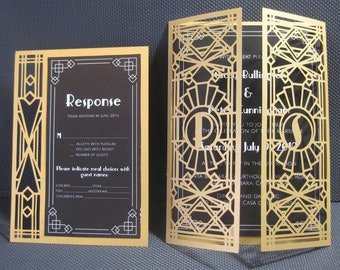 Set Art Deco 20s Wedding Gate Fold Invitation 5x7 RSVP Card  Envelope Vector Svg Dxf Eps Silhouette Paper DAY Papercut Laser Cut Template