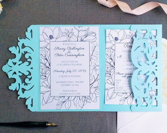 Tri-Fold Pocket Wedding Invitation Cut Template Envelope A7 5x7 Swirl Lace Card SVG DXF EPS Paper Papercut Laser Cut File Silhouette Cricut