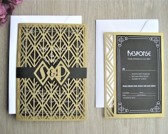 Set Art Deco Great Gatsby 20s Wedding Invitation 5x7 RSVP Card  Envelope Vector Svg Dxf Eps Silhouette Paper DAY Papercut Laser Cut Template