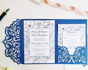 Tri-Fold Pocket Wedding Invitation Cut Template Envelope A7 5x7 Swirl Lace Card SVG DXF EPS Paper Papercut Laser Cut File Silhouette Cricut
