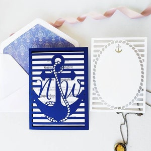 Set Invitación de Bolsillo A7 5x7 Nautical Ocean Seaside Summer Wedding Envelope RSVP Card Vector Svg Dxf Eps Silhouette Paper Laser Cut Template imagen 1