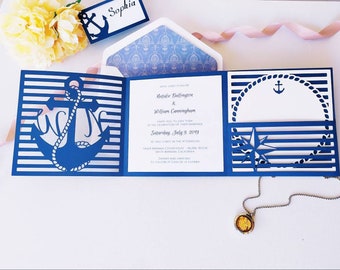 Set Tri Fold Pocket Invitation 6x6 in Ocean Seaside Summer Wedding Envelope RSVP Card Vector Svg Dxf Eps Silhouette Paper Laser Cut Template