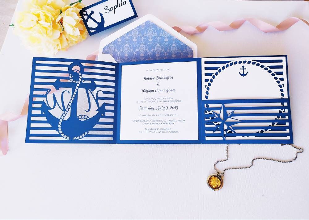 Set Tri Fold Pocket Invitation 6x6 in Ocean Seaside Summer Wedding Envelope RSVP Card Vector Svg Dxf Eps Silhouette Paper Laser Cut Template