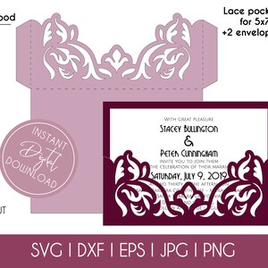 Wedding Invitation Pocket Envelope Cut Template 5x7 Classic Swirl Lace Card Svg Dxf Eps DIY Paper Papercut Laser Silhouette Cricut Cut File