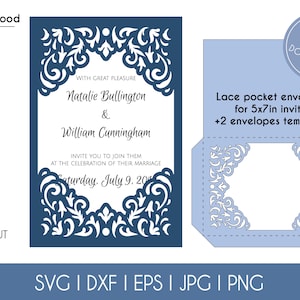 Wedding Invitation Pocket Envelope Cut Template 5x7 Classic Swirl Lace Card Svg Dxf Eps DIY Paper Papercut Silhouette Cricut Laser Cut File