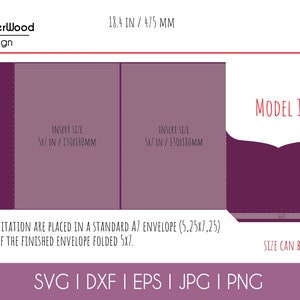 May include: A printable template for a purple envelope with a scalloped edge. The template is designed to fit a 5x7 inch invitation and is 18.4 inches wide and 7.7 inches tall. The text "MODEL 1" is visible in the image. The text "INSERT SIZE 5x7 IN / 130x110MM" is also visible in the image.