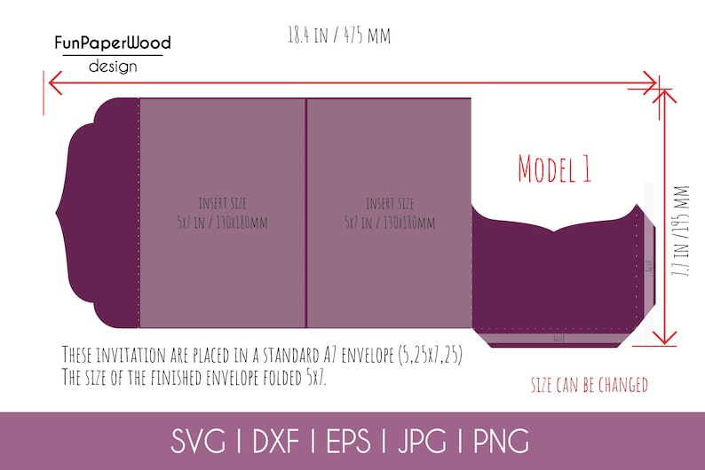 May include: A printable template for a purple envelope with a scalloped edge. The template is designed to fit a 5x7 inch invitation and is 18.4 inches wide and 7.7 inches tall. The text "MODEL 1" is visible in the image. The text "INSERT SIZE 5x7 IN / 130x110MM" is also visible in the image.
